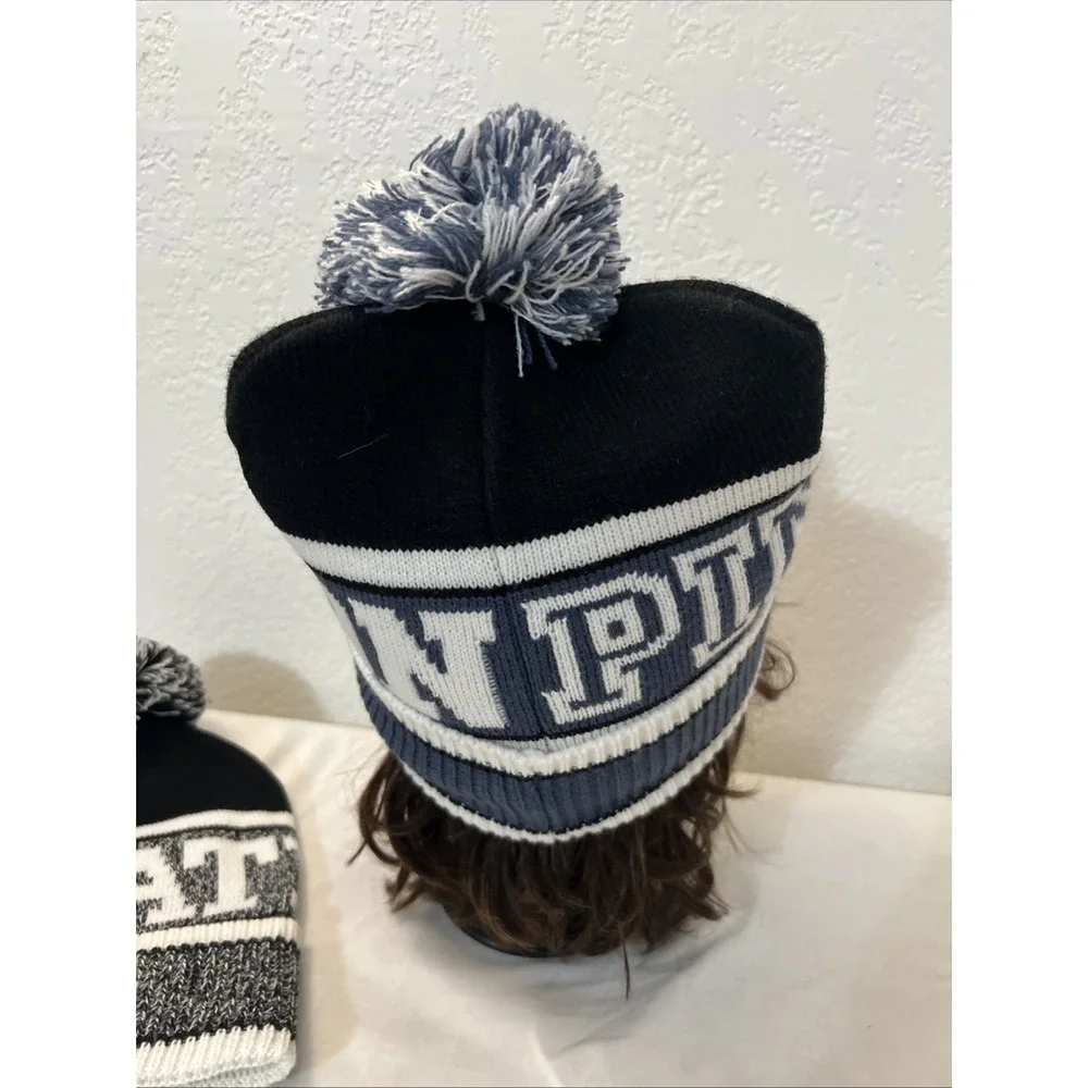 Victoria's Secret‎ Pink Nation Beanie 2 Hats Blue Black Pom NWOT Black White